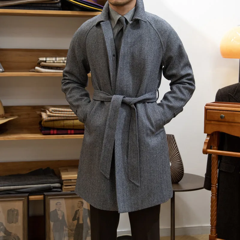 Japanese Leisure Mid-length Coat Herringbone Wool Slim Fit Casual Street Style
