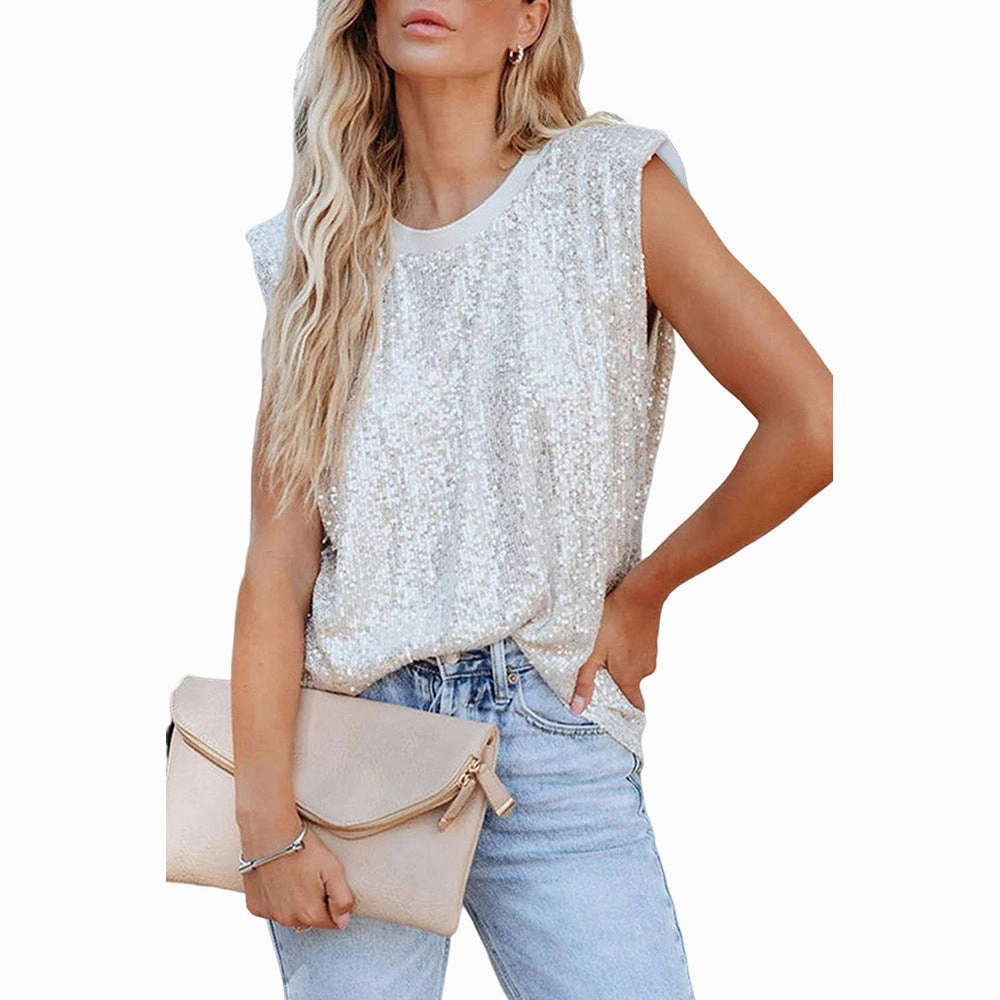 Sequined Sleeveless Top Bottoming Padded Shoulder Women's Vest Statement Maker Trendy Fashion