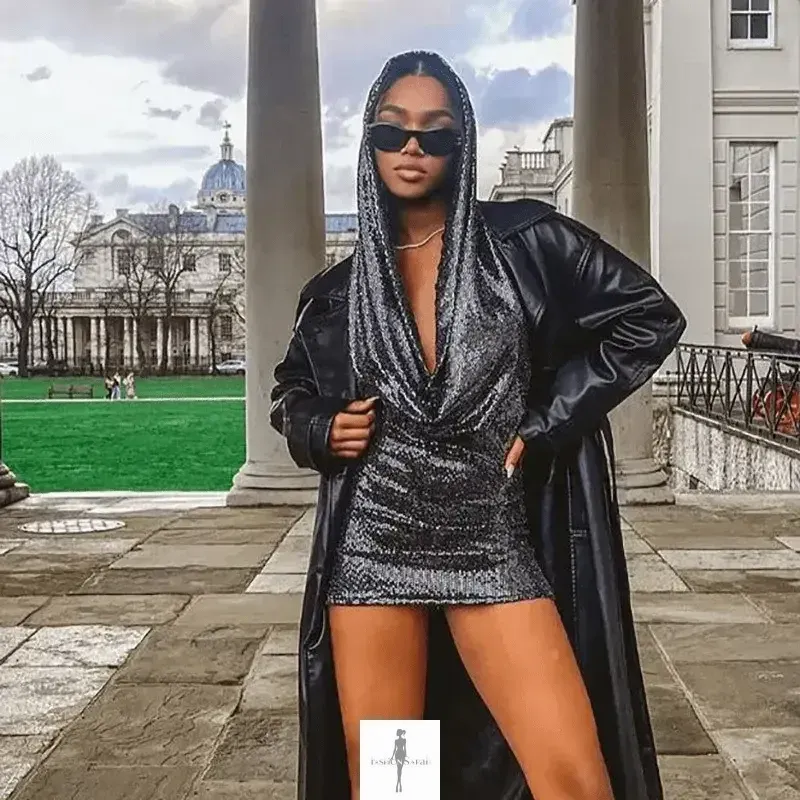 HypoallergenicTextile Energy Flow Sexy Sequin Hooded Backless Halter Dress