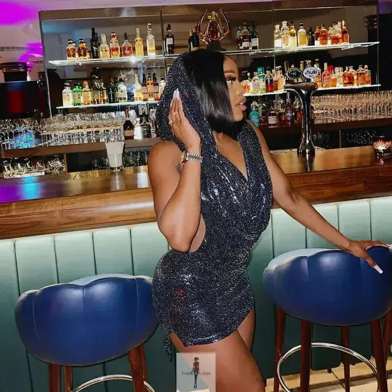 Sexy Sequin Hooded Backless Halter Dress Noble Grace mesh ventilation