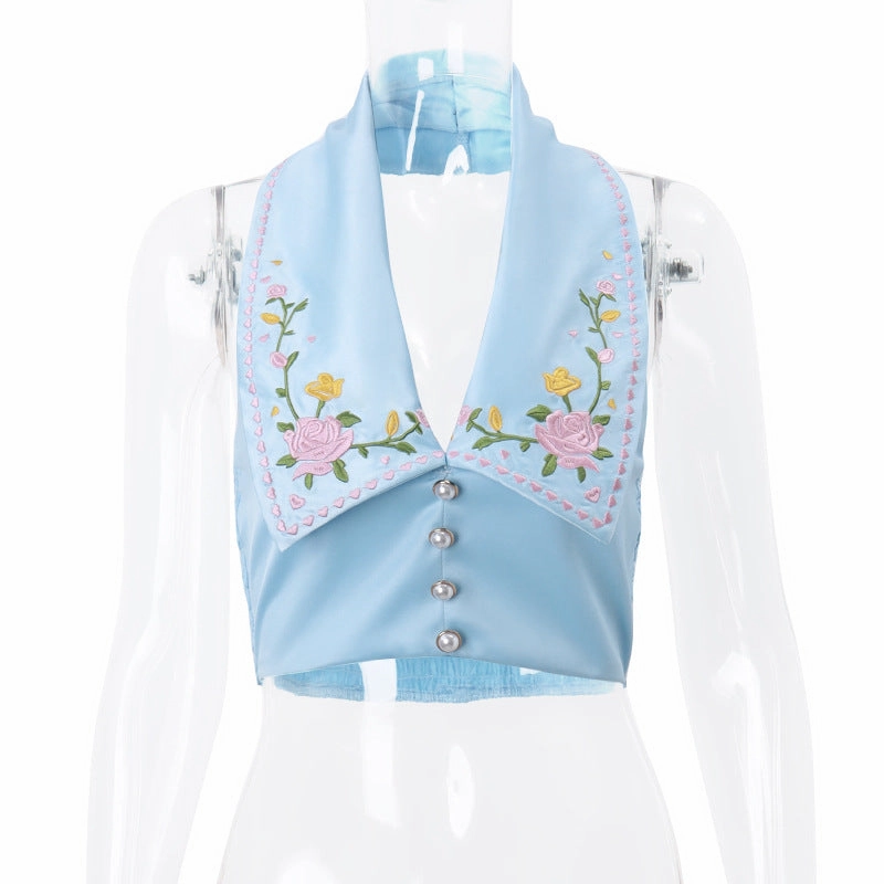 Sexy Hot Girl Lapel Breasted Flower Embroidered Printed Halterneck Vest Female Everyday Fashion Durable Texture