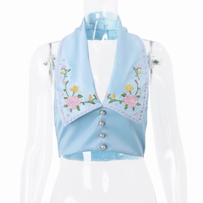 Sexy Hot Girl Lapel Breasted Flower Embroidered Printed Halterneck Vest Female Everyday Fashion Durable Texture