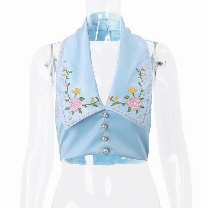 Sexy Hot Girl Lapel Breasted Flower Embroidered Printed Halterneck Vest Female Sustainable Material