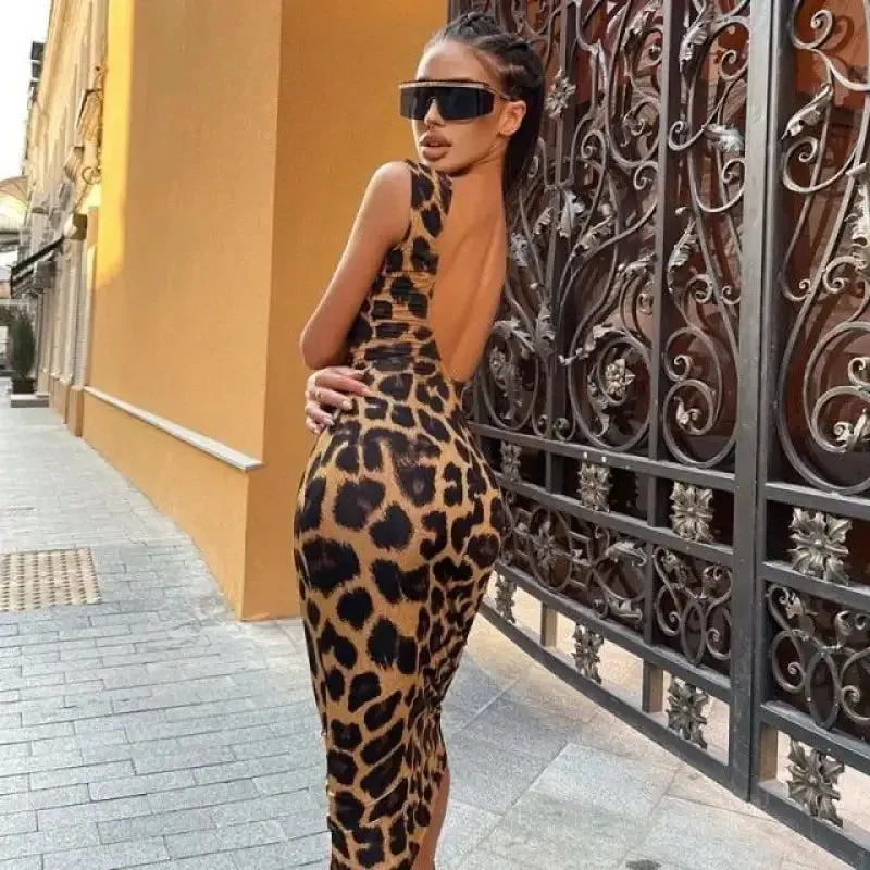 Leopard Backless Sheath Dress Fashionable Look Daily Wear