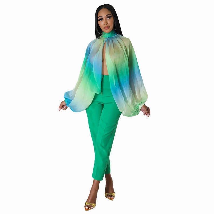 tall size Sexy Loose Translucent Long-sleeved Printed Top