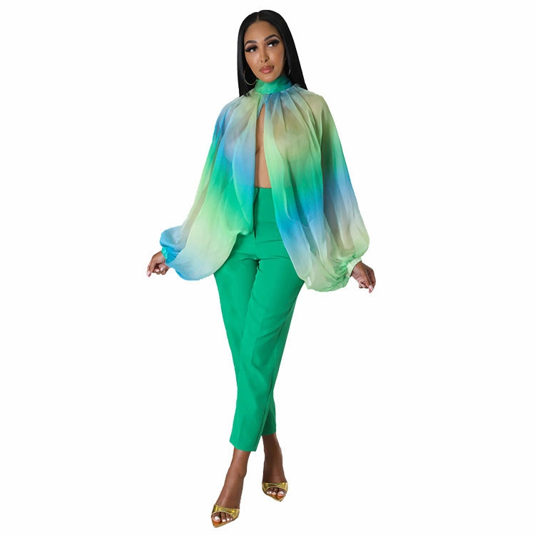 Anti Cling Fabric Sexy Loose Translucent Long-sleeved Printed Top