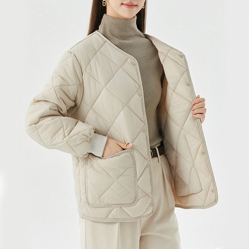 Easy Care Machine Washable New Rhombus Sewing Cotton Coat Winter Warm Round-neck Jacket With Pockets Lightweight Outerwear For Women's Clothing