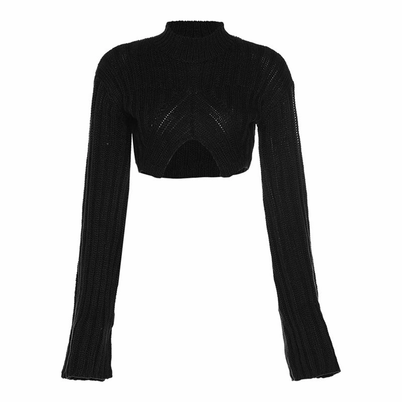 Breathable Mesh Panels Short Open Navel Knit Sweater For Women