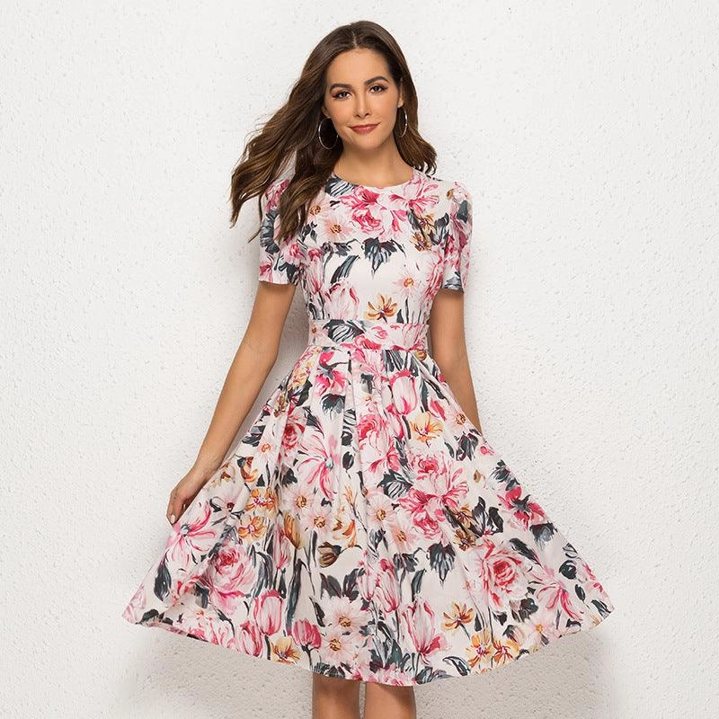 Soft Tone Short-sleeved floral print party dress