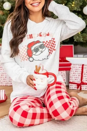 Merry Christmas Top and Plaid Pants Lounge Set Breathable Weave Fabric