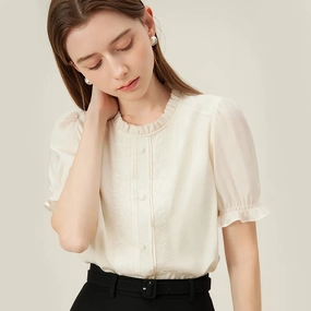 Simple Commuting Short-sleeved Embroidered Top Shirt for Women Wardrobe Essential Conference Appropriate