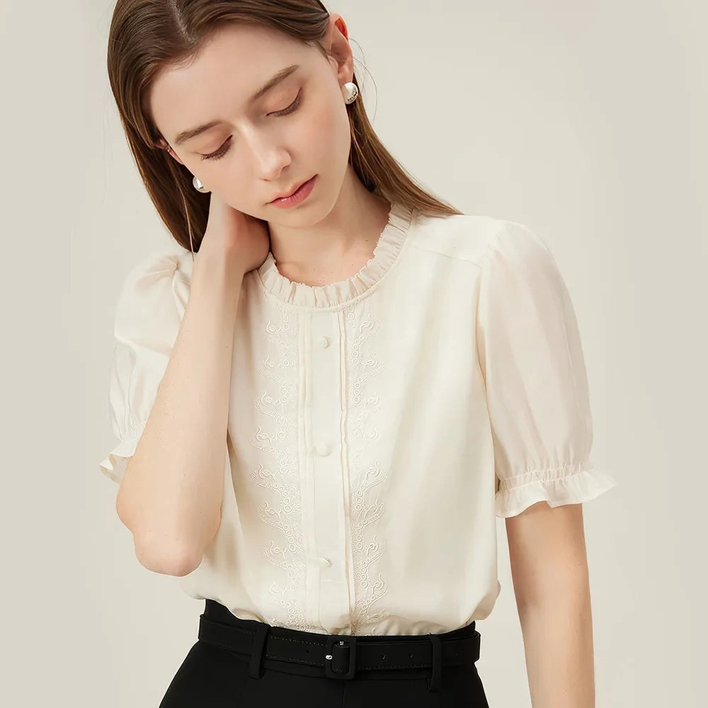 Simple Commuting Short-sleeved Embroidered Top Shirt for Women Festival Outfit