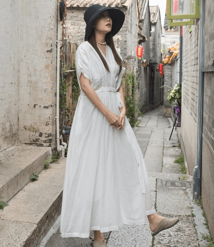 Simple silhouette V-neck drawstring dress Smooth Wear Soft Draping