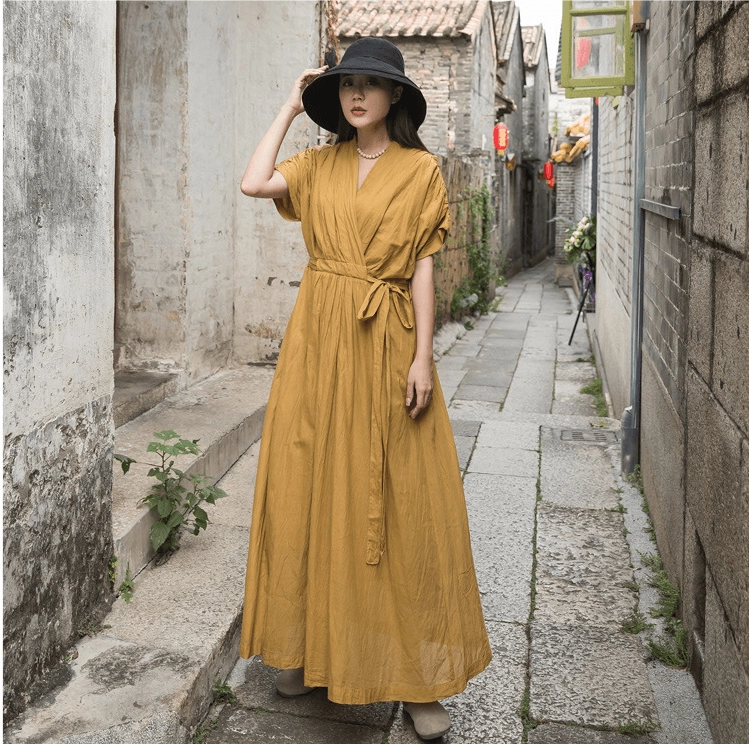 Simple silhouette V-neck drawstring dress Relaxed Fit