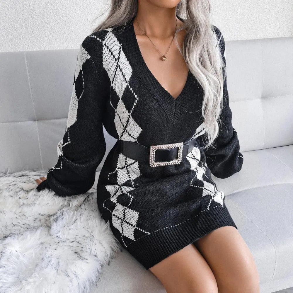 European And American College Style Diamond Sweater Dress Everyday-Comfort Tailored Piece