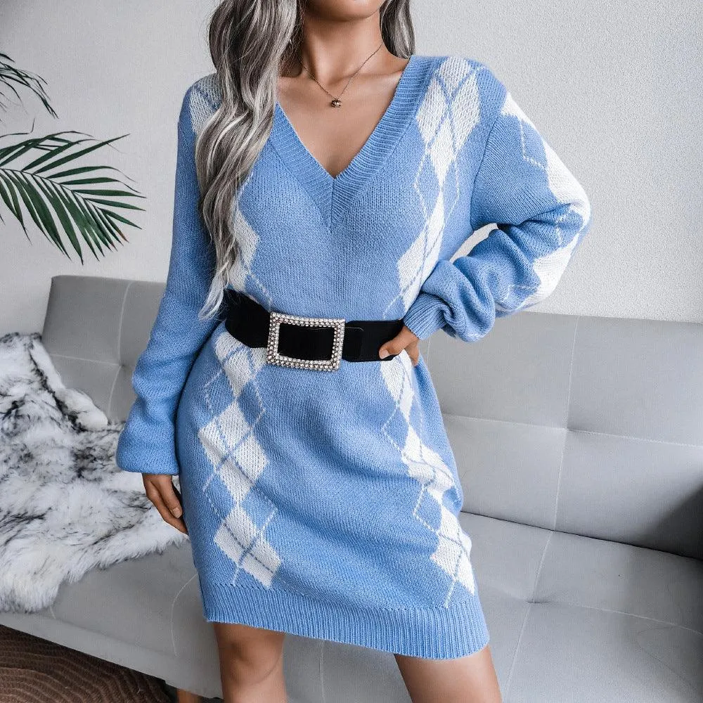 European And American College Style Diamond Sweater Dress Short Sleeve