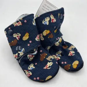 Size 12-18m: Beaneroobaby Dark Blue Cats Print Soft Leather Sole Booties-NEW Men's