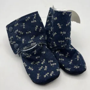 Size 12-18m: Beaneroobaby Dark Blue Dragon Fly Print Soft Leather Sole Booties-NEW Thermal regulation Seamless performance