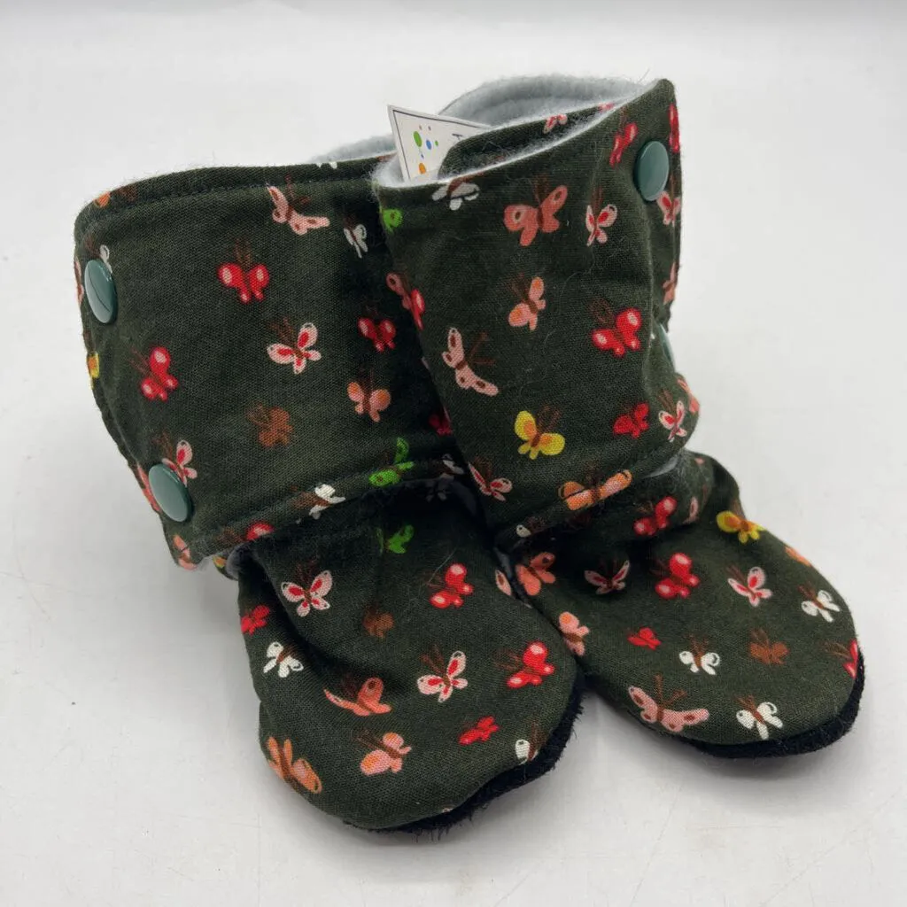 Size 12-18m: Beaneroobaby Green/Colorful Dragon Fly Print Soft Leather Sole Booties-NEW Cushioned Midsole