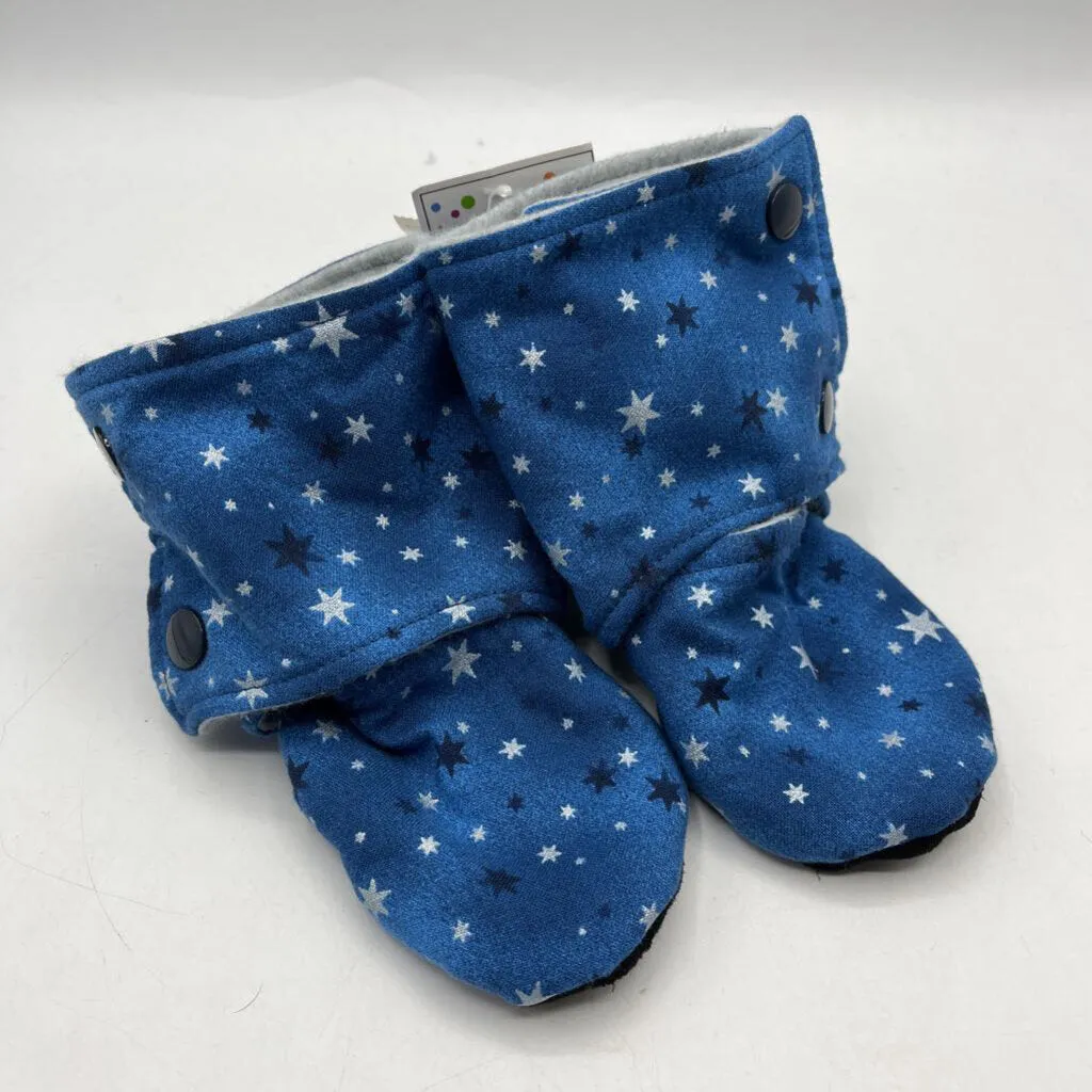 ethnic Size 18-24m: Beaneroobaby Blue/Silver & Black Stars Print Soft Leather Sole Booties-NEW