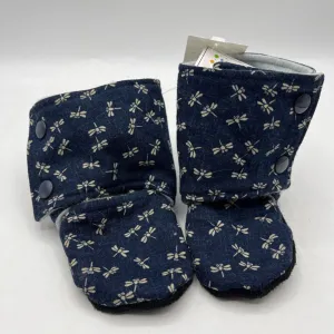 Size 18-24m: Beaneroobaby Dark Blue Dragon Fly Print Soft Leather Sole Booties-NEW Durable TPU Frame