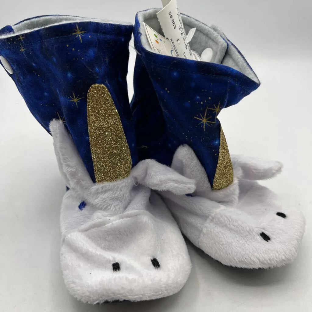 Sturdy Construction Size 2-3: Beaneroobaby Blue/White Fuzzy Sparkly Unicorn Pop-Up Soft Sole Booties-NEW