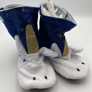 Sturdy Construction Size 2-3: Beaneroobaby Blue/White Fuzzy Sparkly Unicorn Pop-Up Soft Sole Booties-NEW