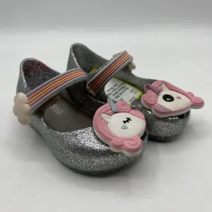 Smart Casual energy returning Size 4-4.5: Mini Melissa Silver Unicorn Velcro Mary Jane Shoes