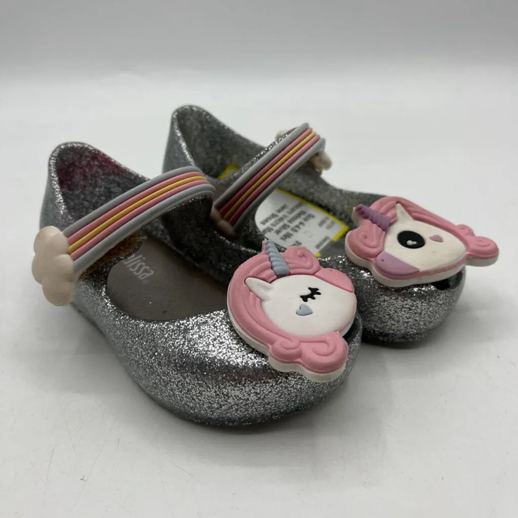 Smart Casual energy returning Size 4-4.5: Mini Melissa Silver Unicorn Velcro Mary Jane Shoes