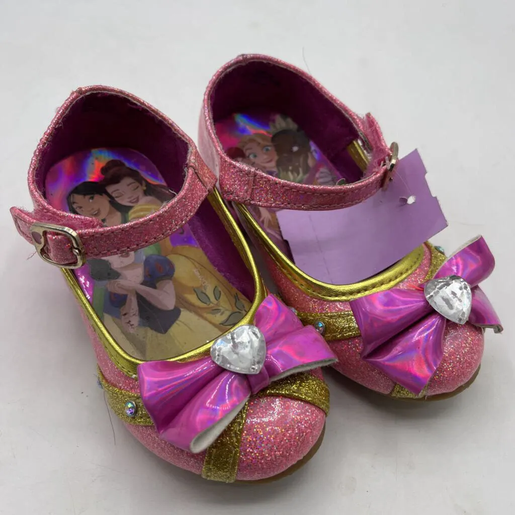 Size 7: Disney Pink Shimmery Velcro Strap Princess Heels Breath Walk Everyday Form