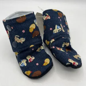 Size 9-12m: Beaneroobaby Dark Blue Cats Print Soft Leather Sole Booties-NEW Optimal flair Street cushioning