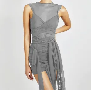 Night Mood Refined Line Kliou Ribbons Mesh See Through Bodycon Party Dresses Women Clubwear Mini Dress Solid Sleeveless Basic Female Outfits