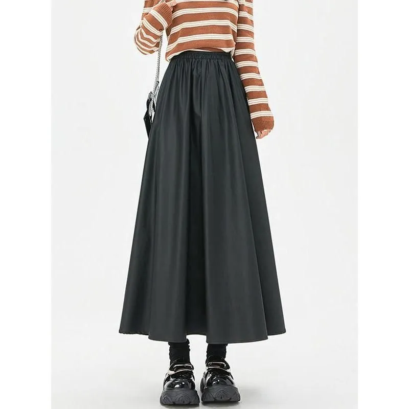 Autumn Winter Elegant A-Line Faux Leather Maxi Skirt Cozy Texture