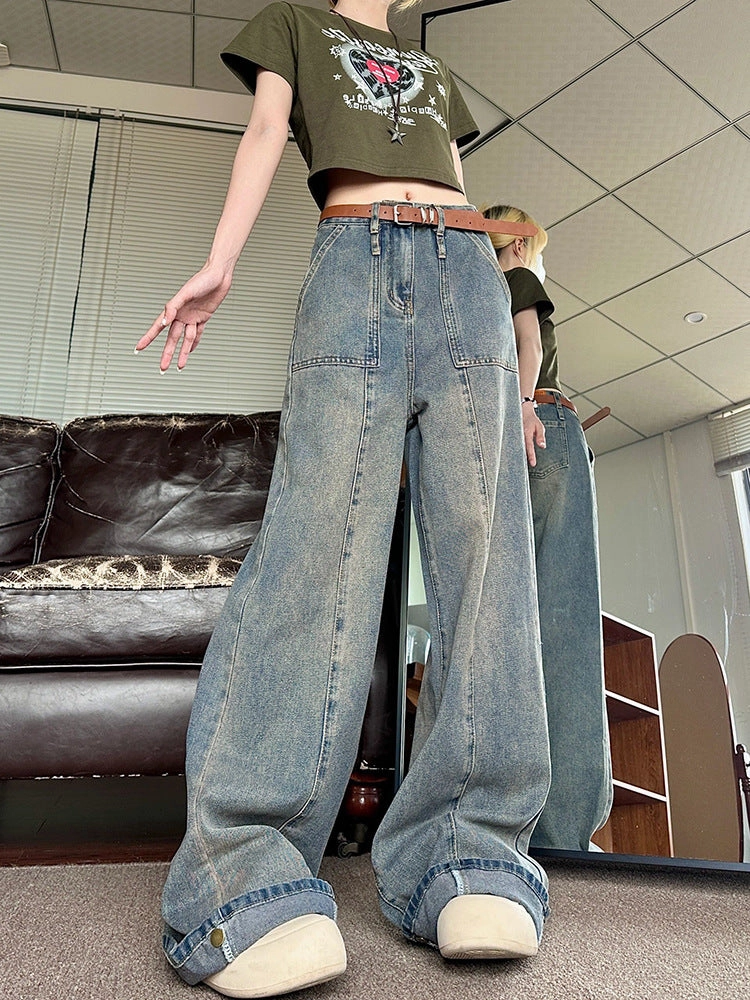 American Retro Loose Straight Washed Wear-white Jeans Brunch Outfit Traveler Gear