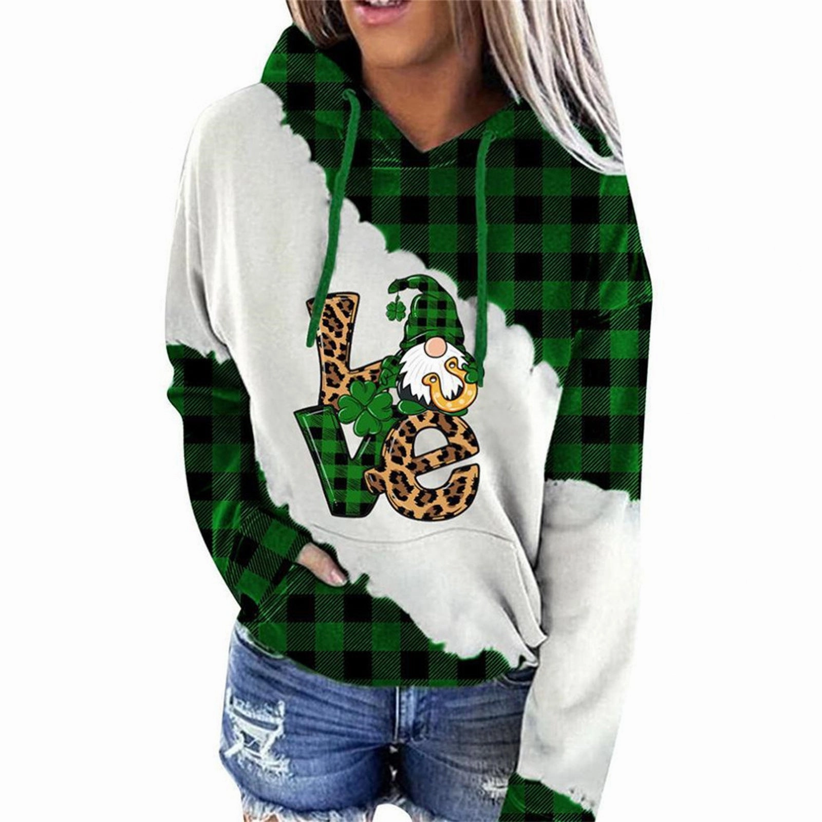 Women Sweatshirts Lucky Grass Print Streetwear Sweatshirts Hoodie Pullover Loose Casual Hooded Tops Clothes Holiday Outfit Layering Piece