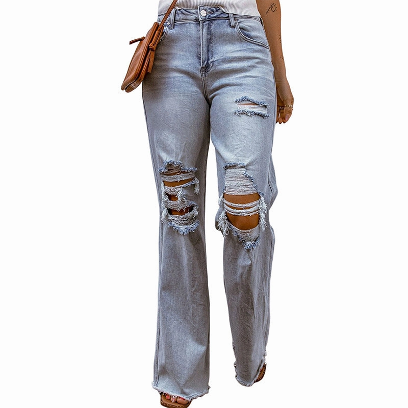 Comfortable Fit Design Ripped Hollow-out Wide-leg Cropped Pants For Women