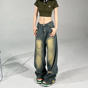 Cool Texture Cropped length Women's American-style High Street Hip Hop Wide Hole Yellow Mud Dyed Contrast Color Jeans