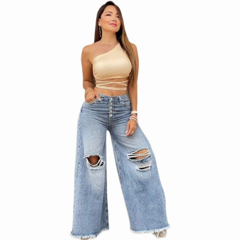 Timeless Wear Light Color And Water Scrubbing New High Waist Retro Loose Hole Wide Leg Pants For Women