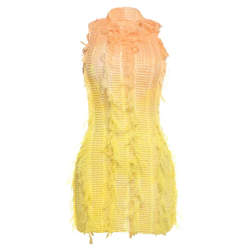 Neutral Finish Eco-friendly Sleeveless Round Neck Gradient Tassel High Waist Dress