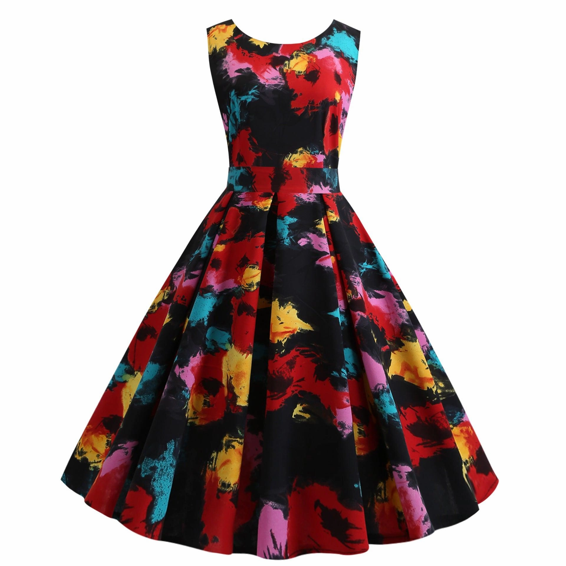 Sleeveless lace-up printed dress Bow-Detail