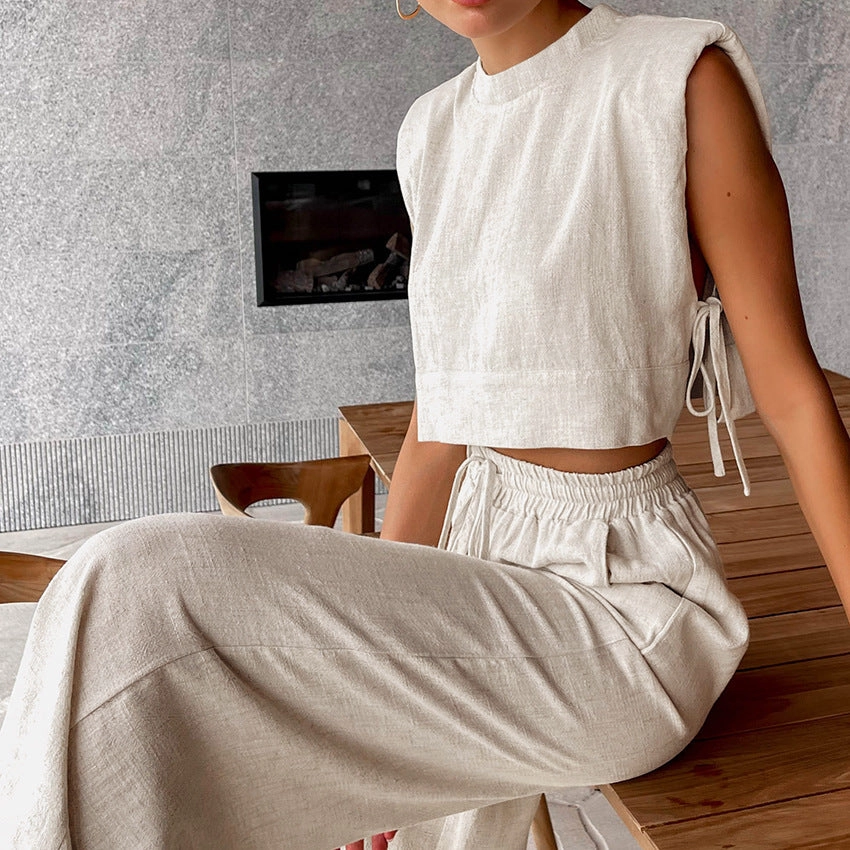 Sleeveless Top And Trousers Fashion Cotton And Linen Suit Women's Clothing Holiday Dance Classic Vivid