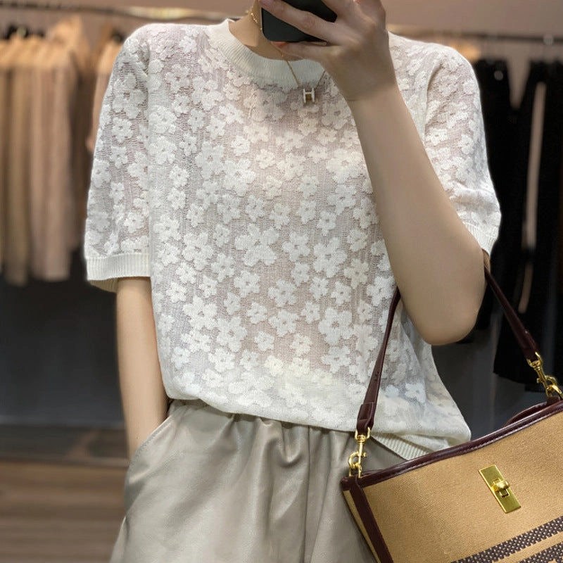 Slightly See-through Thin Half-sleeved Loose Jacquard Hollow T-shirt Fashionable Layer