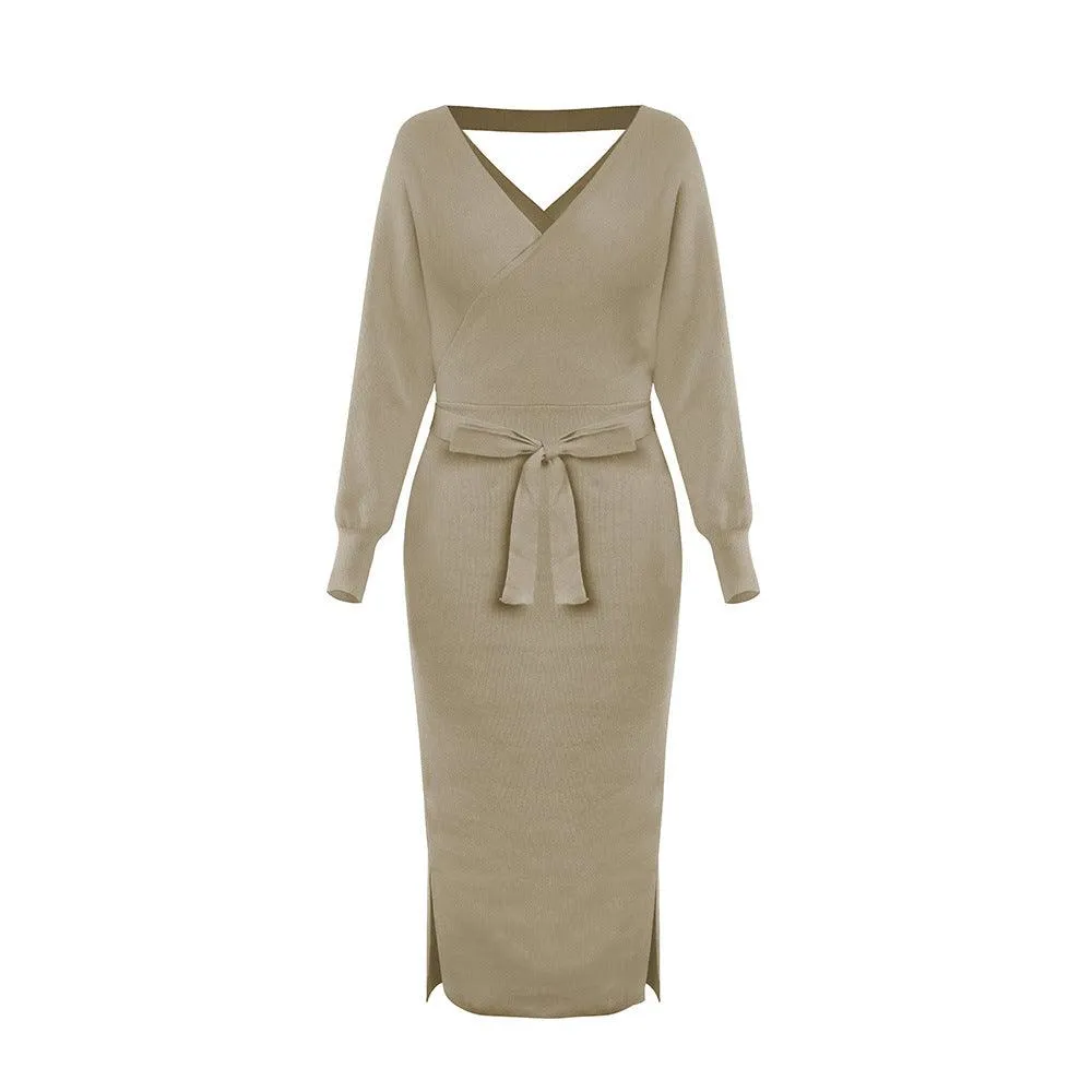 Elegant Simplicity Zip Ease Slim Double V-Neck Sweater Dress