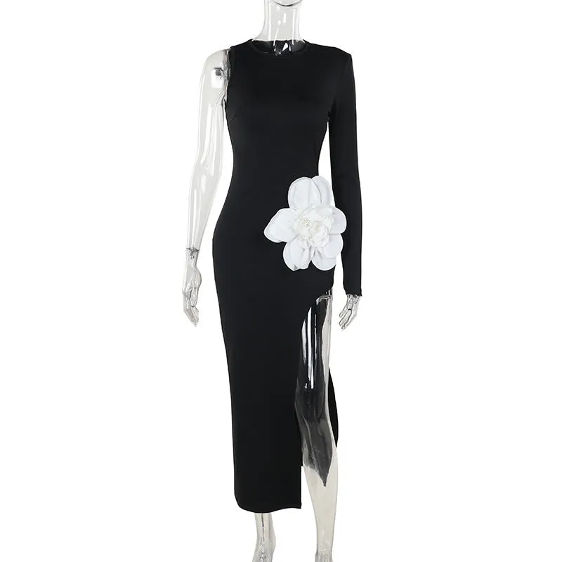 Slim Fit Big Flower High Slit Long Sleeve Dress Women Charming Design