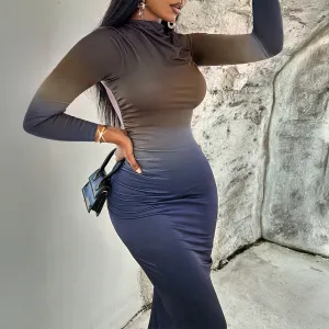 Slim-fit Contrast Colors Blooming Mid-length Sheath Long Sleeve Dress Feminine Mood Pure Shape