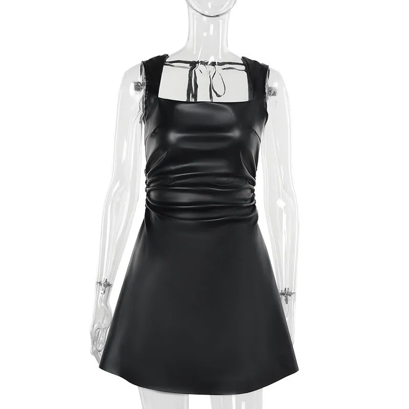 Slim-fit Leather Pleated Square Collar Dress Women Fast Chic Satin-Edge