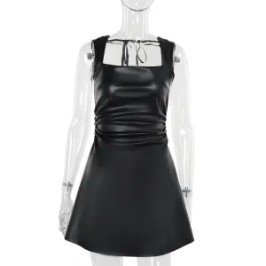 Slim-fit Leather Pleated Square Collar Dress Women Classic Tailoring