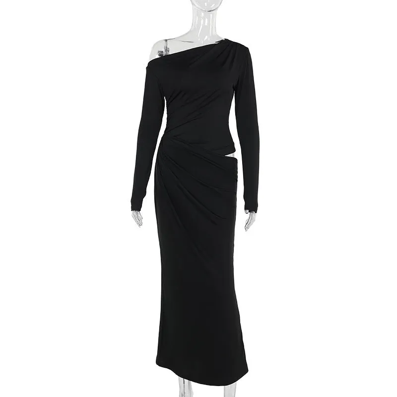 Cloud Light Slim-fit Slant Shoulder Hollow-out Pleated Dress Women