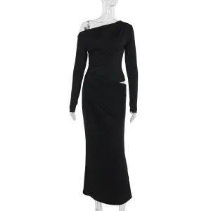 Slim-fit Slant Shoulder Hollow-out Pleated Dress Women Gentle Flow soft elegance