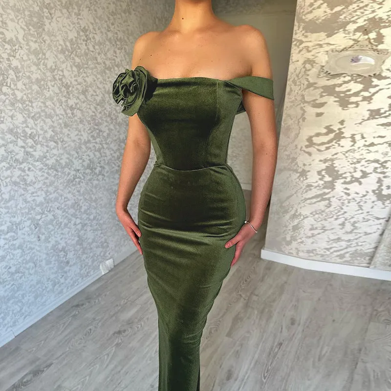 Slim-fit Velvet Flower Off-shoulder Dress Women Back Detail